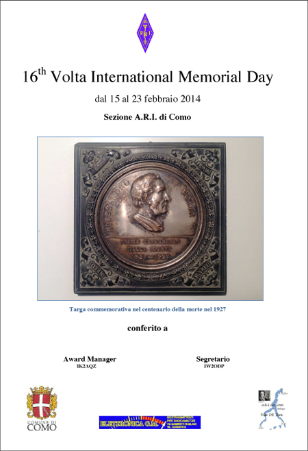 Δίπλωμα “Διεθνής Ημέρα Μνήμης Volta 2014”